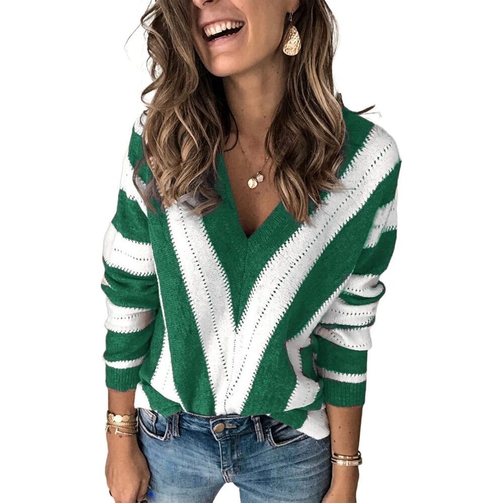 Womens Knit Sweater 100% Acrylic Deep V Neck Long Sleeve Casual Top
